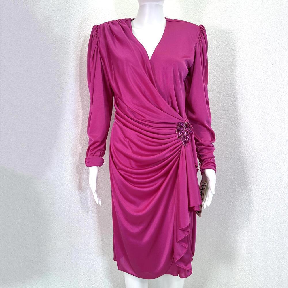 New Vtg Sz 9/10 Fuschia Ruched Dress Sequin Detail Dynasty Vegas Cocktail Party